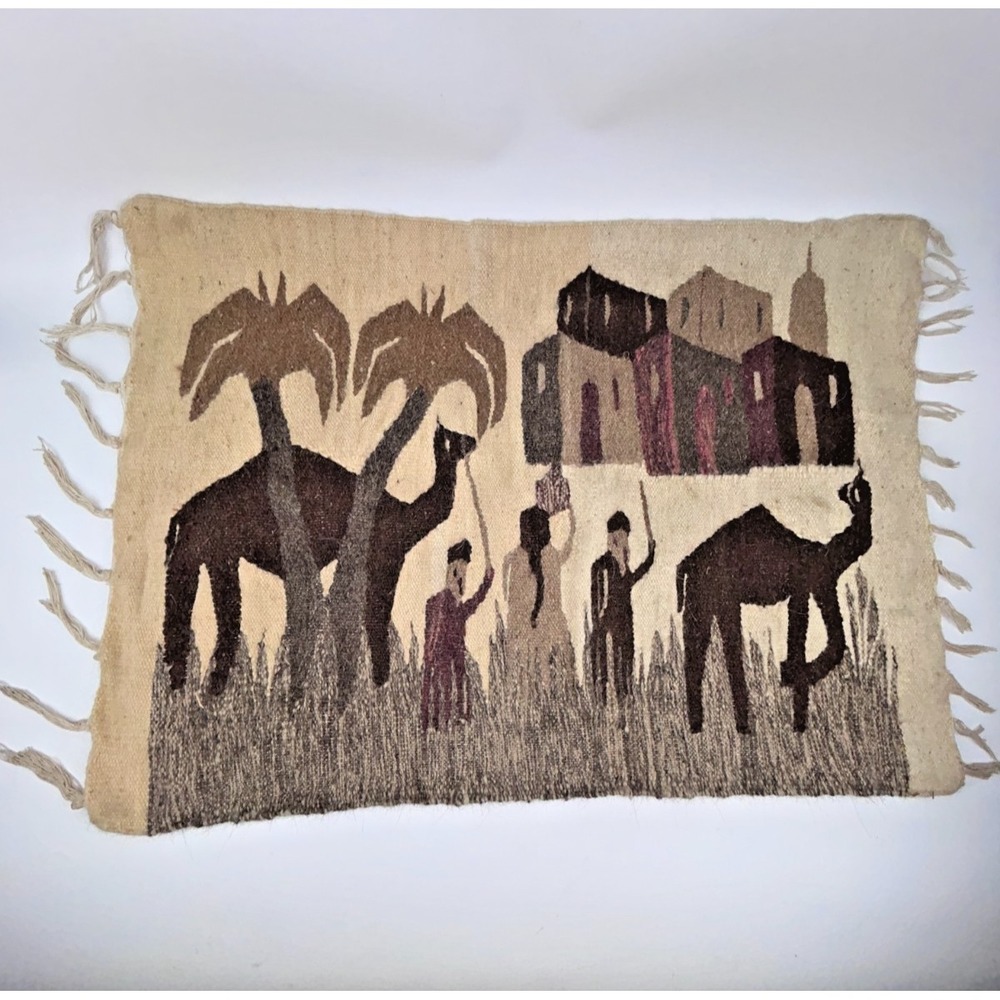 Egyptian Pictorial Tapestry Hand Woven Wall Hanging Camels 33" X 24" Wool? NOTE
